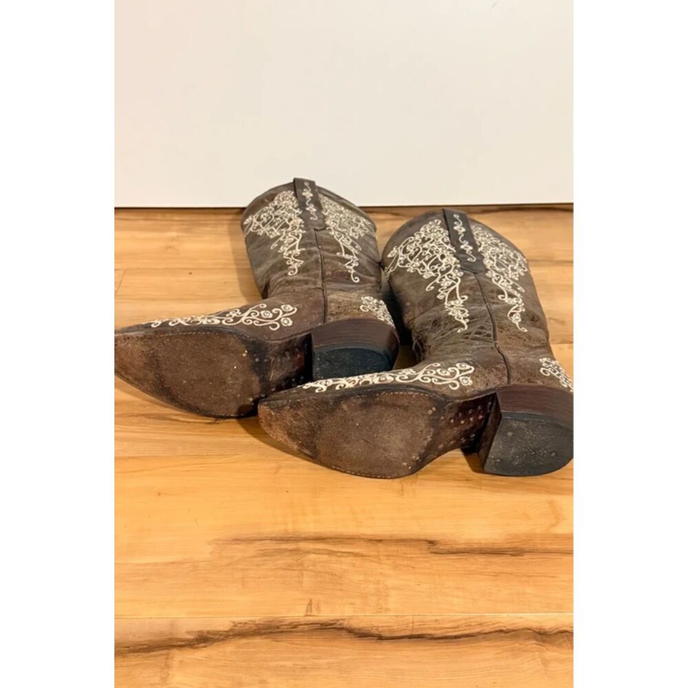 Corral Crater Distressed Brown Leather Bone Embroidered Western Boots Size 7